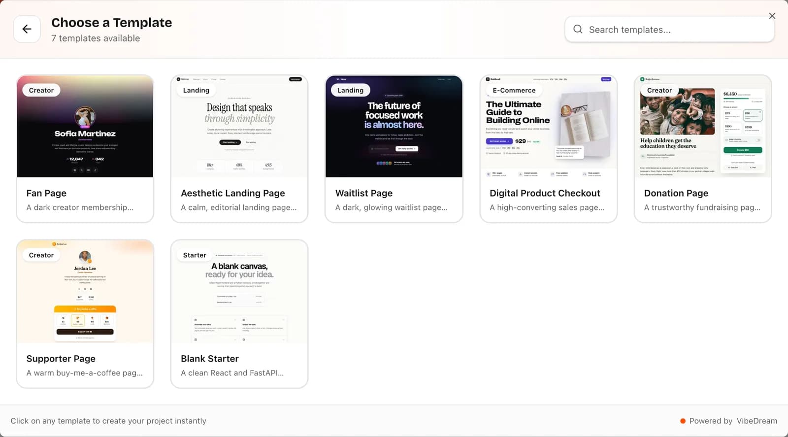 La fenêtre Choose a Template de VibeDream avec plusieurs modèles de sites
