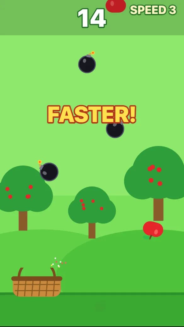 Apple Catch running on a phone screen with a score of 14, SPEED 3, falling bombs and a FASTER! banner